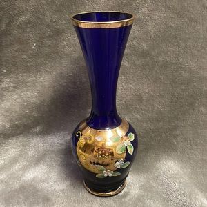 Vintage Cobalt Glass Vase w/ Raised Enamel Flowers & Gold Gilt Decoration
